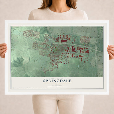 Map of Springdale, Ohio, 18 x 24 inch print in a white wood frame