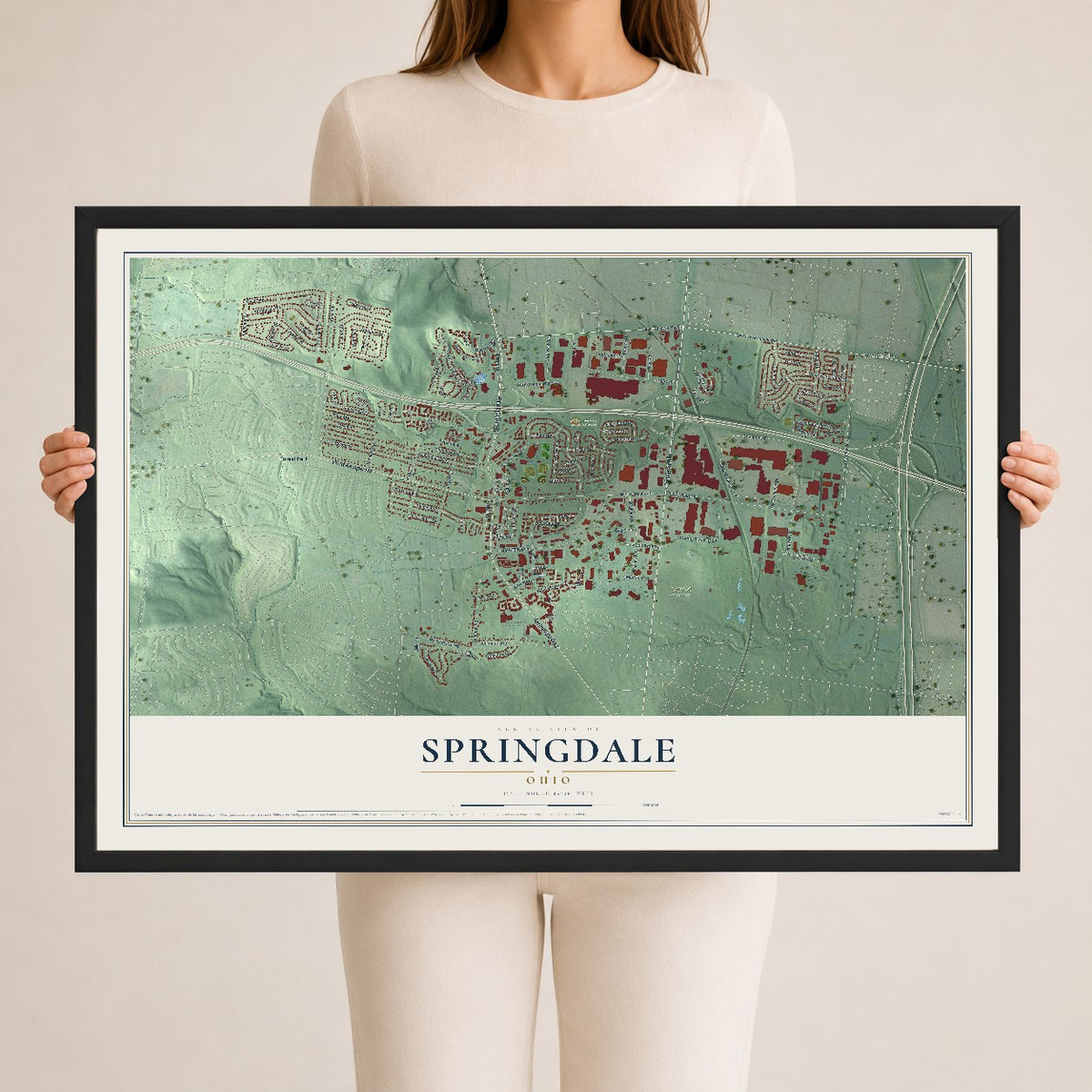 Map of Springdale, Ohio, 24 x 36 inch print in a black wood frame