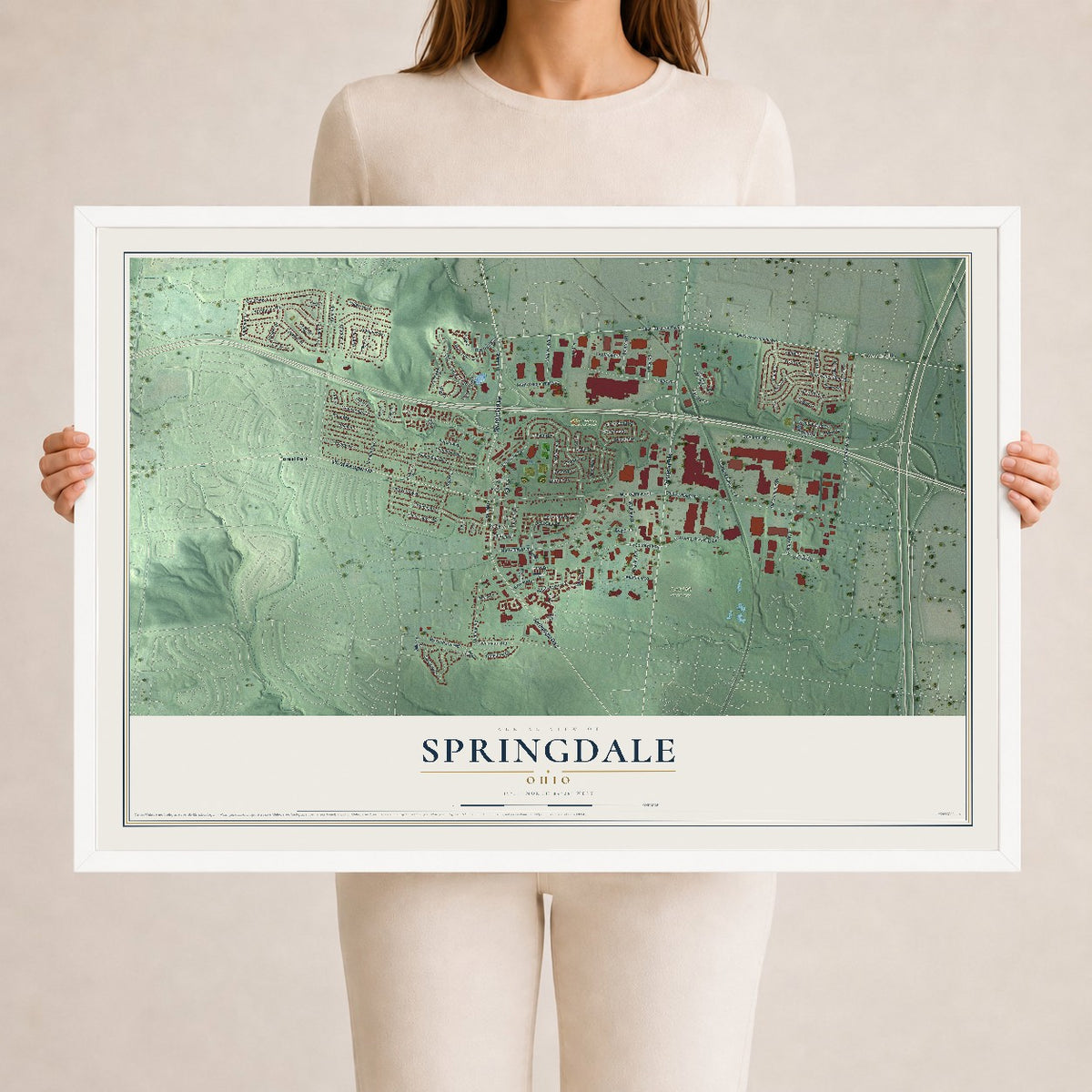 Map of Springdale, Ohio, 24 x 36 inch print in a white wood frame
