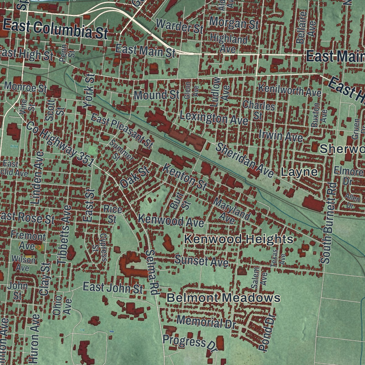 Close-up of the map of Springfield, Ohio print showing street and building detail