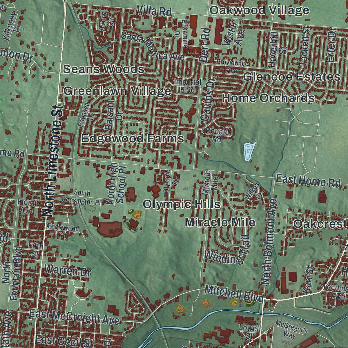 Second close-up of the map of Springfield, Ohio print showing more streets and buildings