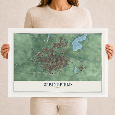 Map of Springfield, Ohio, 12 x 18 inch print in a white wood frame