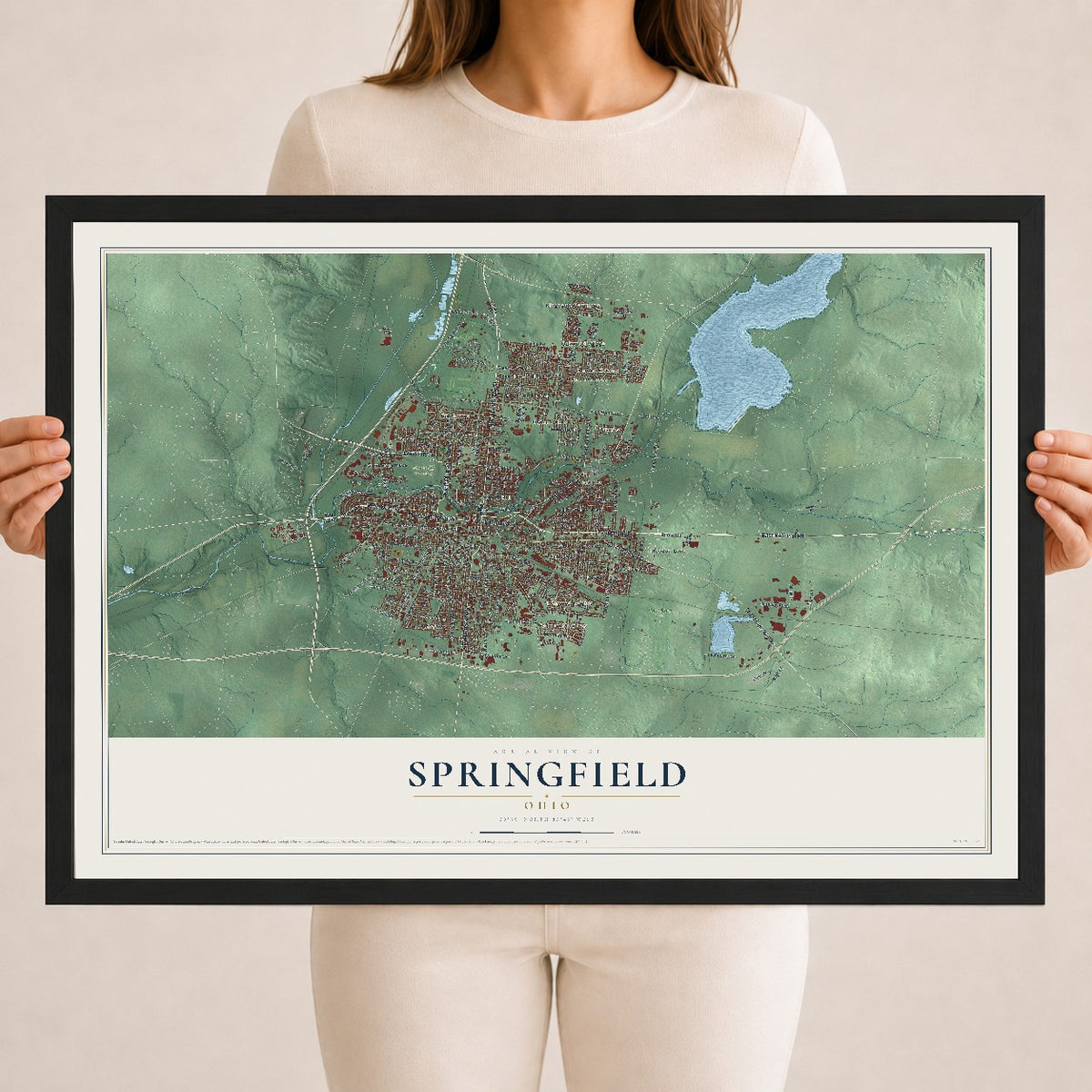 Map of Springfield, Ohio, 18 x 24 inch print in a black wood frame
