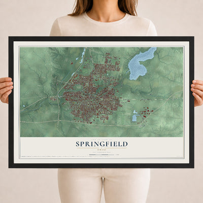 Map of Springfield, Ohio, 18 x 24 inch print in a black wood frame