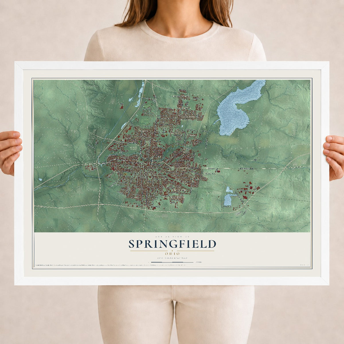 Map of Springfield, Ohio, 18 x 24 inch print in a white wood frame