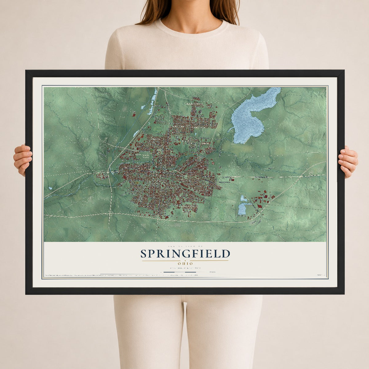 Map of Springfield, Ohio, 24 x 36 inch print in a black wood frame