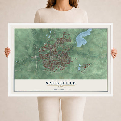 Map of Springfield, Ohio, 24 x 36 inch print in a white wood frame