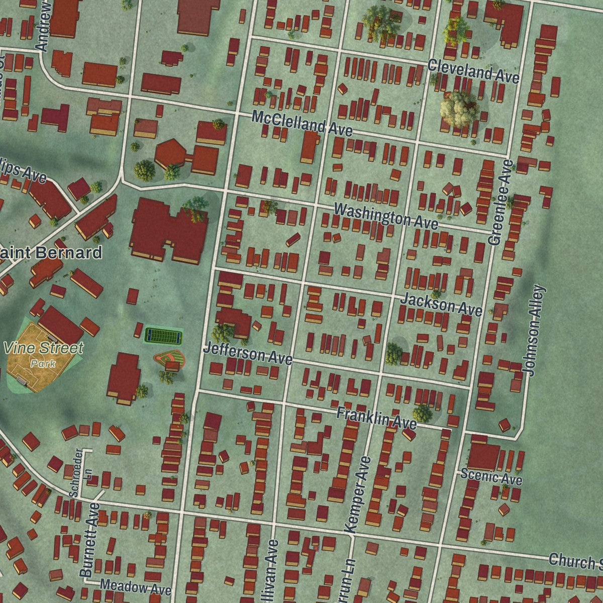 Close-up of the map of St. Bernard, Ohio print showing street and building detail