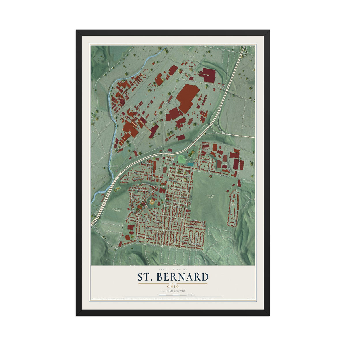 Map of St. Bernard, Ohio, 12 x 18 inch print in a black wood frame