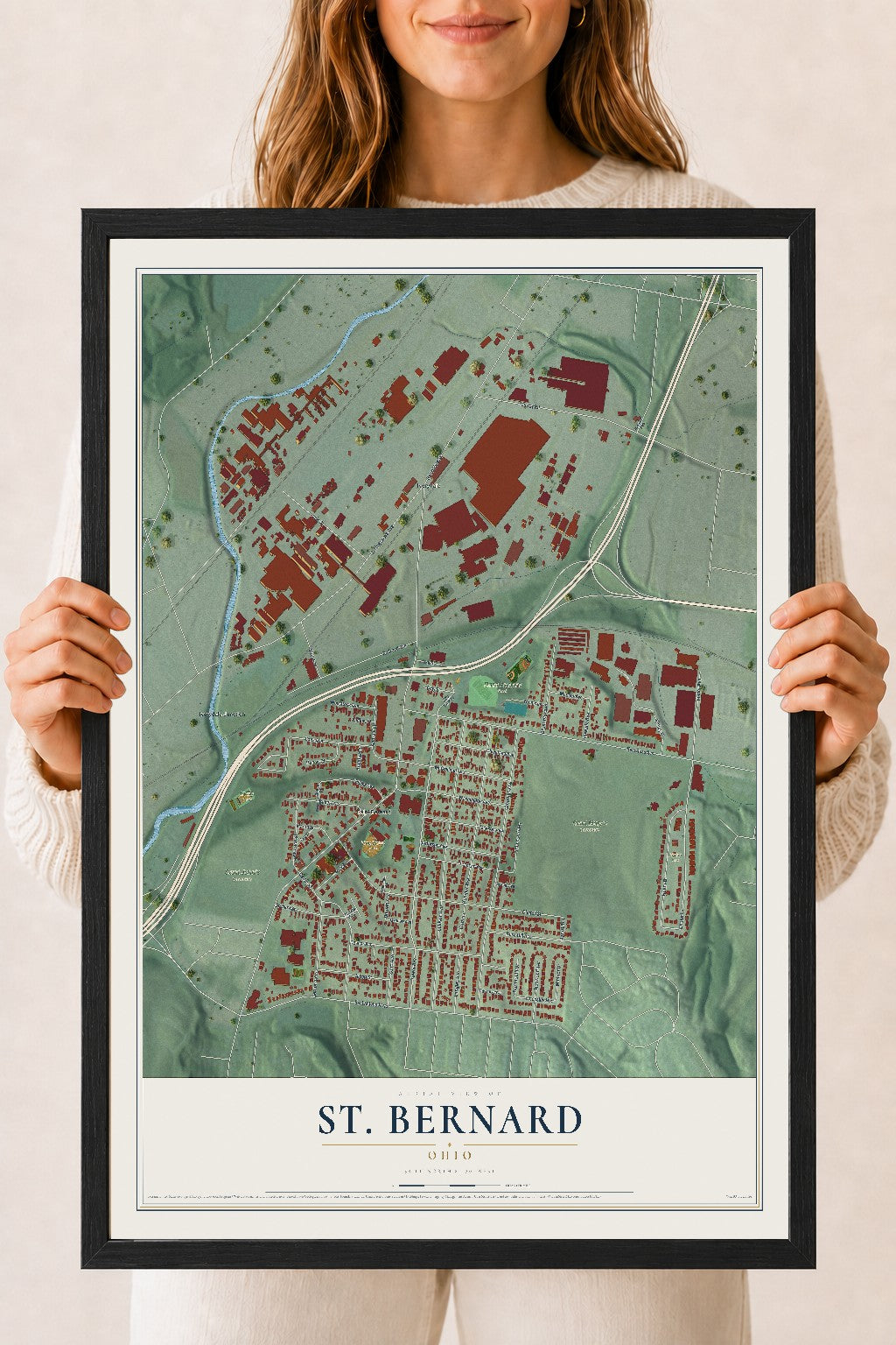 Map of St. Bernard, Ohio, 18 x 24 inch print in a black wood frame