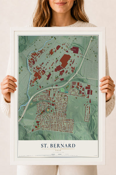 Map of St. Bernard, Ohio, 18 x 24 inch print in a white wood frame