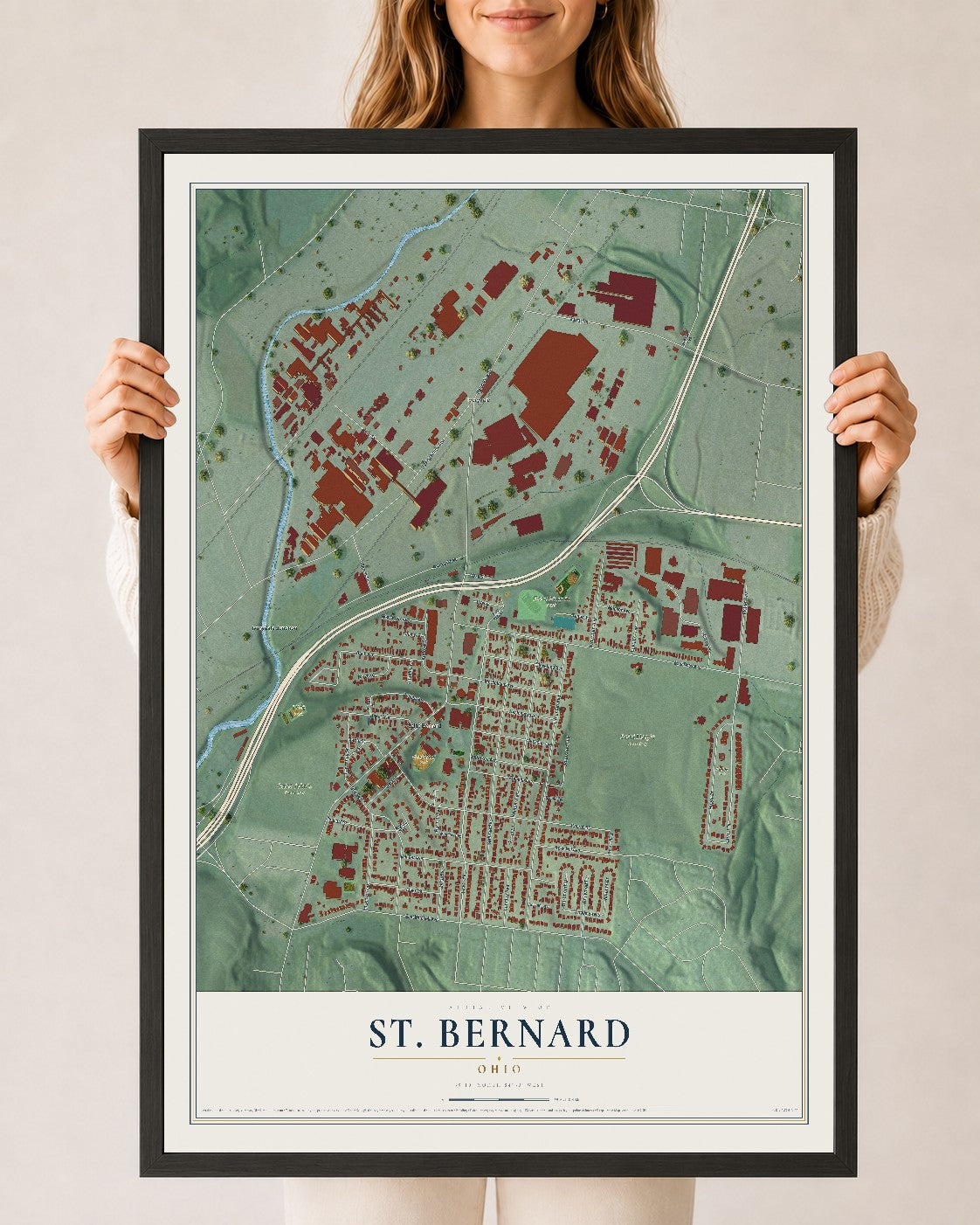 Map of St. Bernard, Ohio, 24 x 36 inch print in a black wood frame