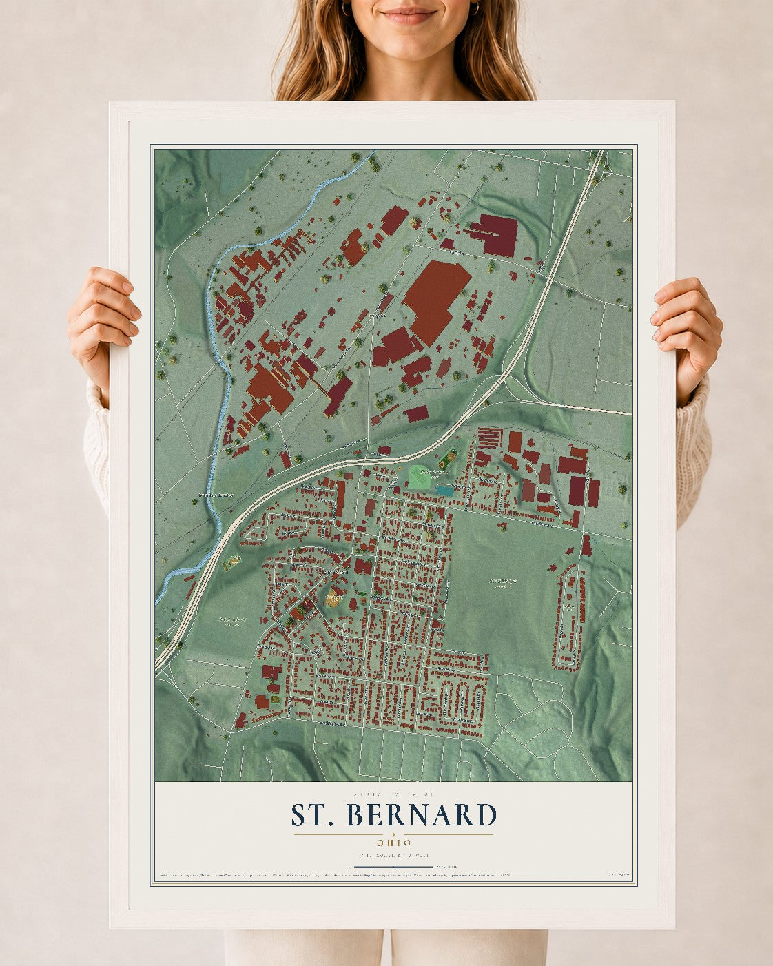 Map of St. Bernard, Ohio, 24 x 36 inch print in a white wood frame