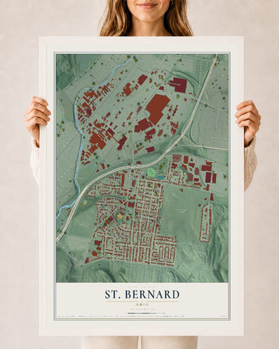 Map of St. Bernard, Ohio, 24 x 36 inch print in a white wood frame