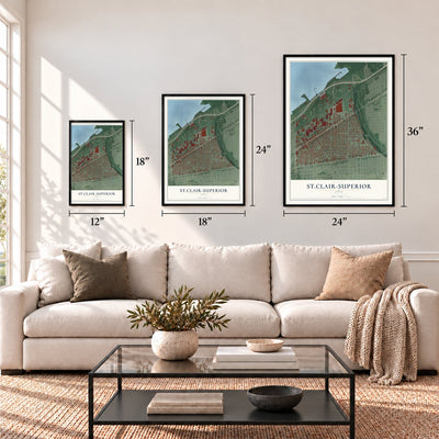 St.Clair-Superior, Ohio map in 12 x 18, 18 x 24 and 24 x 36 inch sizes above a sofa
