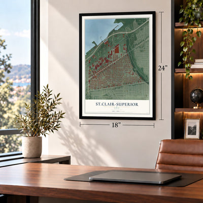 St.Clair-Superior, Ohio map, 18 x 24 inch print in a black frame in a home office