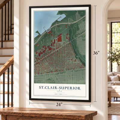 St.Clair-Superior, Ohio map, 24 x 36 inch print in a black frame by a staircase