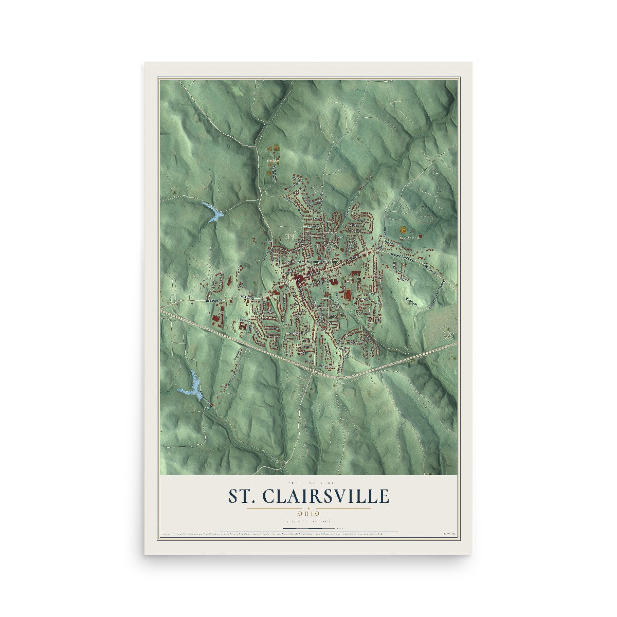 Map of St. Clairsville, Ohio, 12 x 18 inch unframed archival matte print