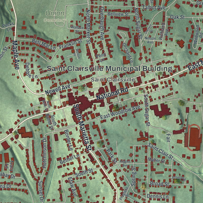 Close-up of the map of St. Clairsville, Ohio print showing street and building detail