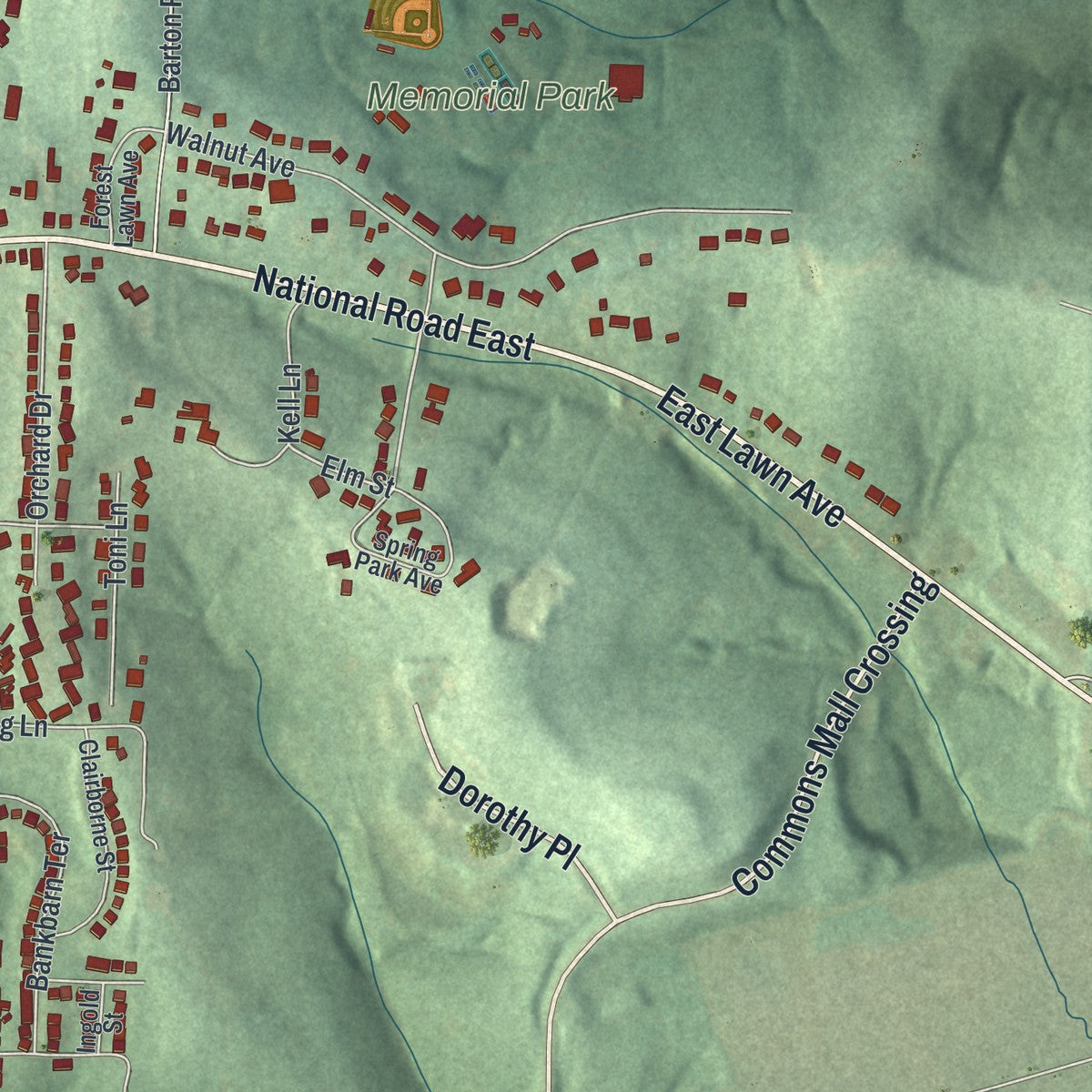 Second close-up of the map of St. Clairsville, Ohio print showing more streets and buildings