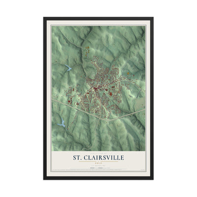 Map of St. Clairsville, Ohio, 12 x 18 inch print in a black wood frame