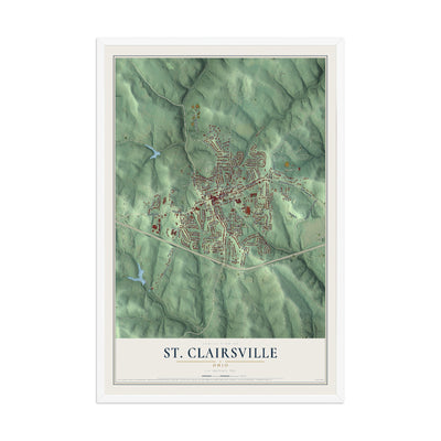 Map of St. Clairsville, Ohio, 12 x 18 inch print in a white wood frame