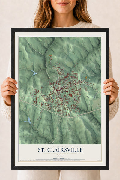 Map of St. Clairsville, Ohio, 18 x 24 inch print in a black wood frame
