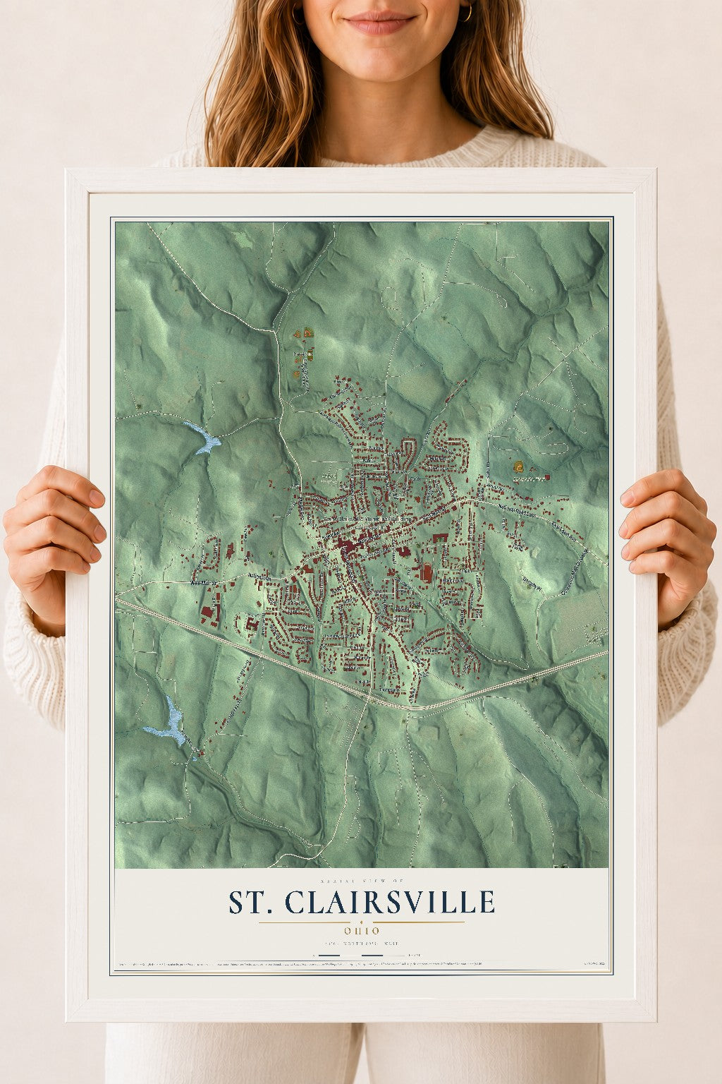 Map of St. Clairsville, Ohio, 18 x 24 inch print in a white wood frame