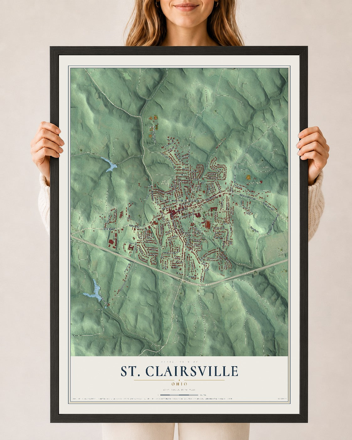 Map of St. Clairsville, Ohio, 24 x 36 inch print in a black wood frame