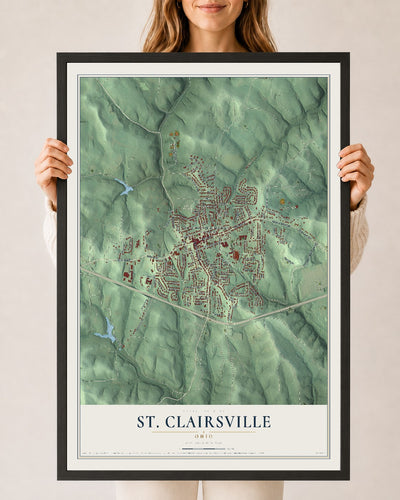 Map of St. Clairsville, Ohio, 24 x 36 inch print in a black wood frame