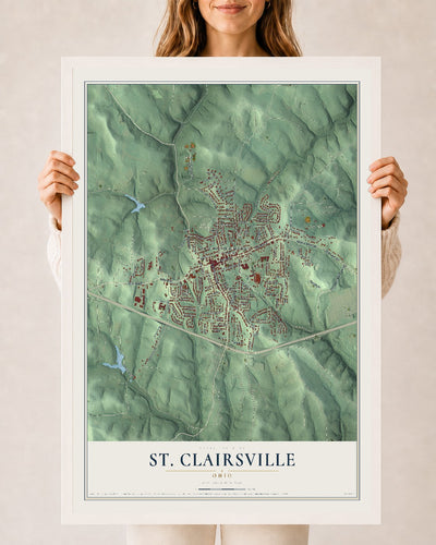Map of St. Clairsville, Ohio, 24 x 36 inch print in a white wood frame