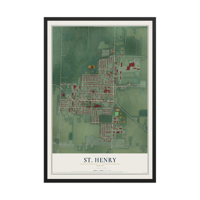 Map of St. Henry, Ohio, 12 x 18 inch print in a black wood frame