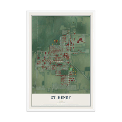 Map of St. Henry, Ohio, 12 x 18 inch print in a white wood frame