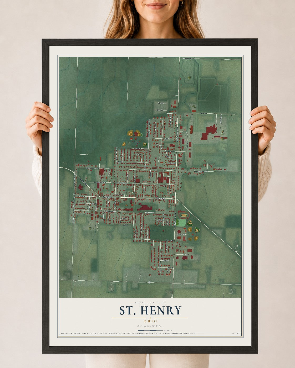 Map of St. Henry, Ohio, 24 x 36 inch print in a black wood frame