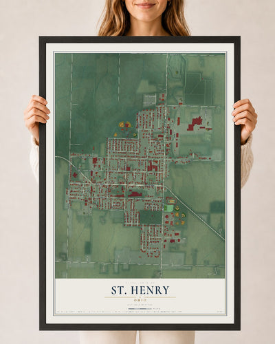 Map of St. Henry, Ohio, 24 x 36 inch print in a black wood frame