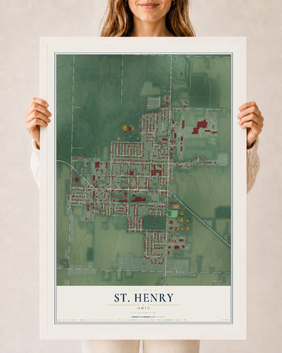 Map of St. Henry, Ohio, 24 x 36 inch print in a white wood frame