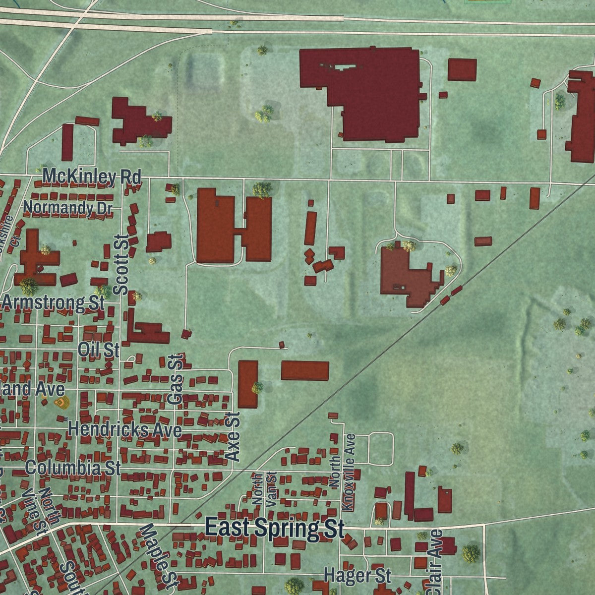 Second close-up of the map of St. Marys, Ohio print showing more streets and buildings