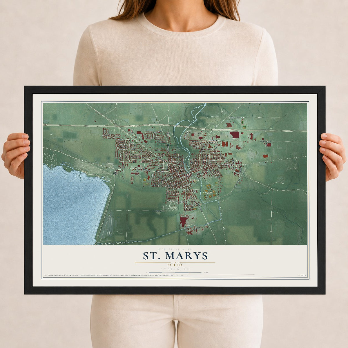 Map of St. Marys, Ohio, 12 x 18 inch print in a black wood frame