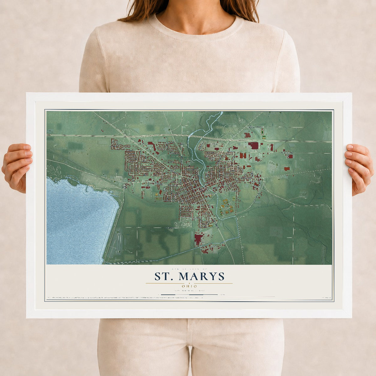 Map of St. Marys, Ohio, 12 x 18 inch print in a white wood frame