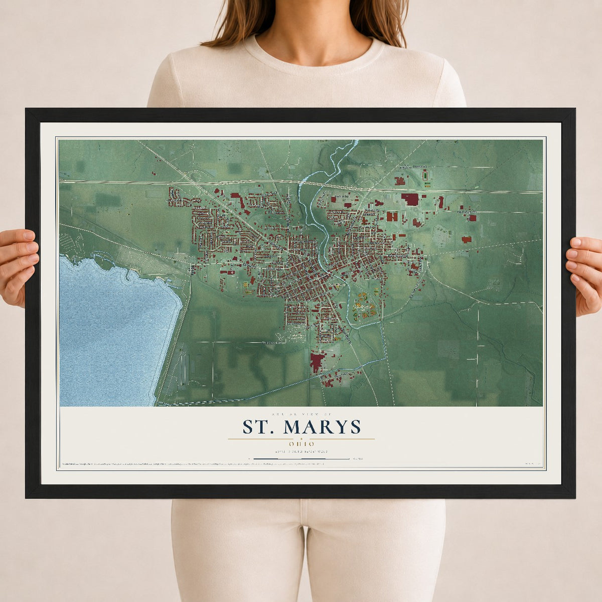 Map of St. Marys, Ohio, 18 x 24 inch print in a black wood frame