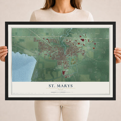 Map of St. Marys, Ohio, 18 x 24 inch print in a black wood frame