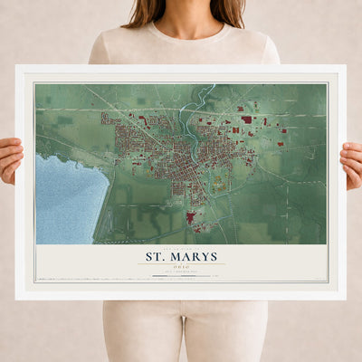Map of St. Marys, Ohio, 18 x 24 inch print in a white wood frame
