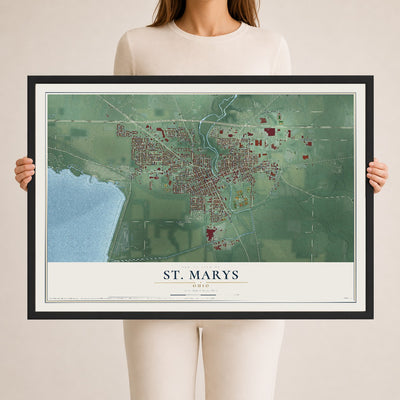 Map of St. Marys, Ohio, 24 x 36 inch print in a black wood frame