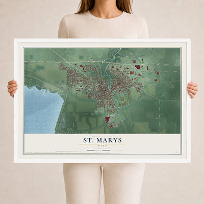 Map of St. Marys, Ohio, 24 x 36 inch print in a white wood frame