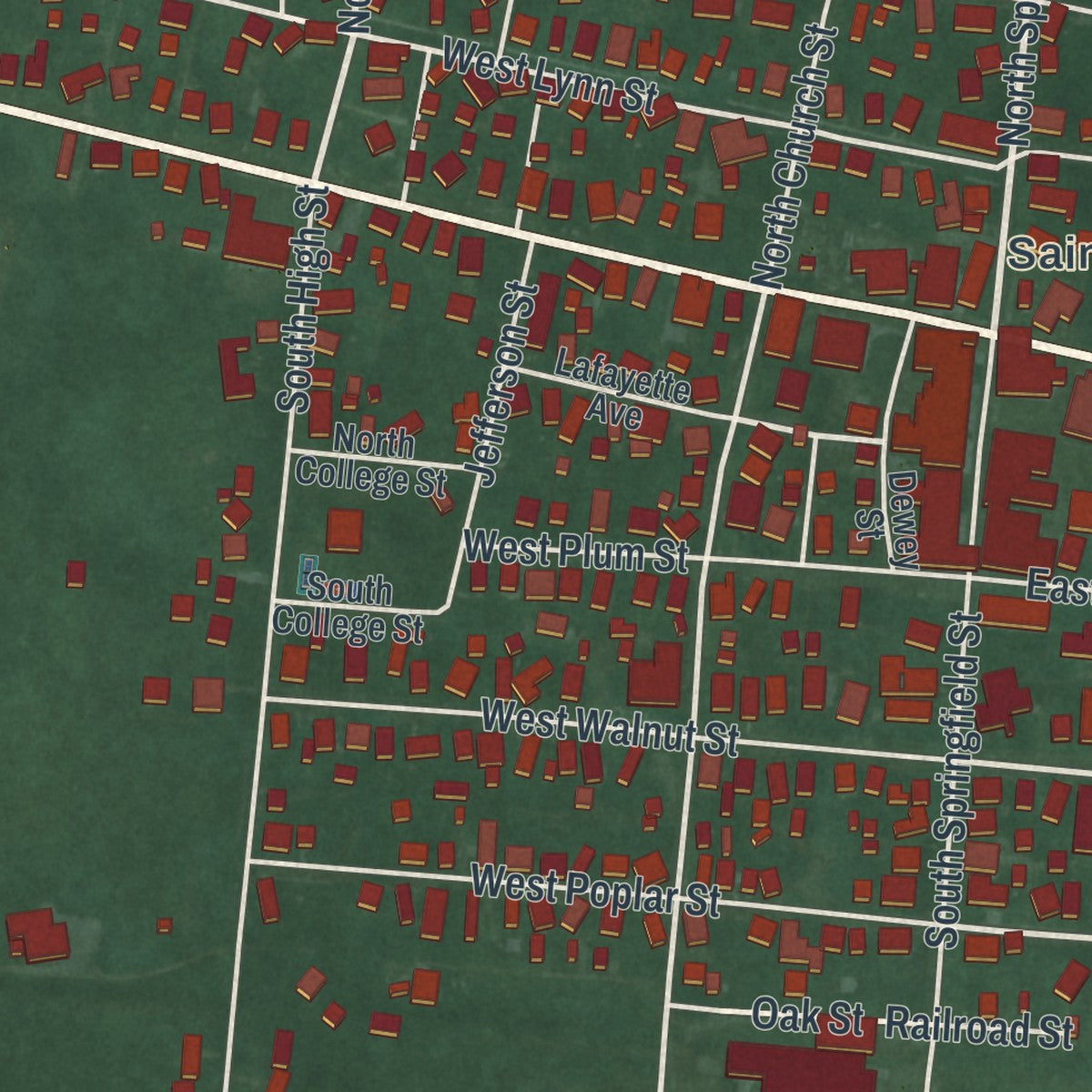 Close-up of the map of St. Paris, Ohio print showing street and building detail