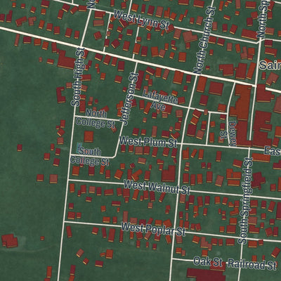 Close-up of the map of St. Paris, Ohio print showing street and building detail