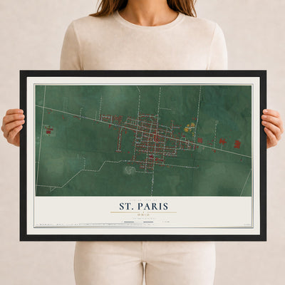 Map of St. Paris, Ohio, 12 x 18 inch print in a black wood frame