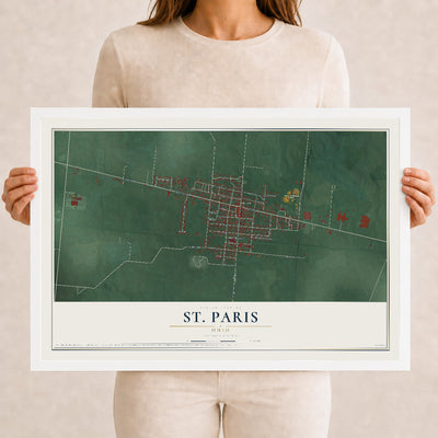 Map of St. Paris, Ohio, 12 x 18 inch print in a white wood frame