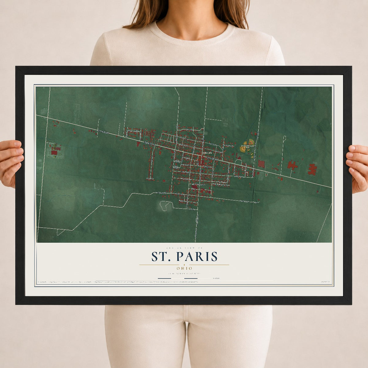 Map of St. Paris, Ohio, 18 x 24 inch print in a black wood frame