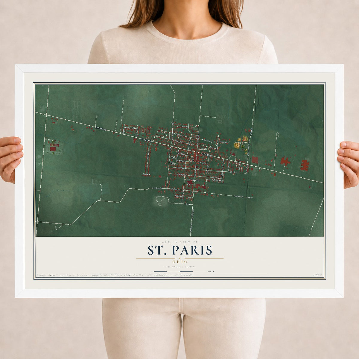 Map of St. Paris, Ohio, 18 x 24 inch print in a white wood frame